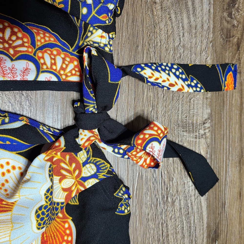 Lauren Conrad Black Floral Boho Mini Dress XS Sleeveless Tie Neck Keyhole Waist - Picture 8 of 10